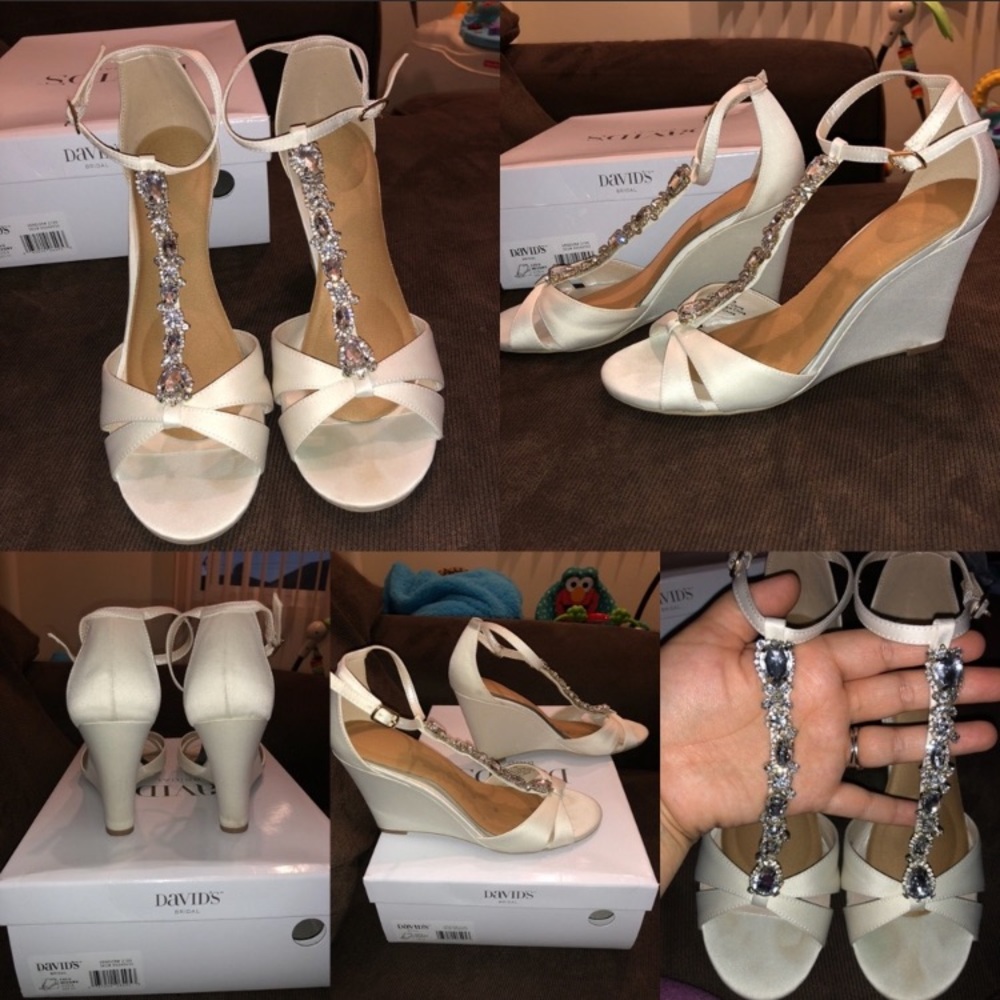 David’s bridal wedding white satin jewel shoes